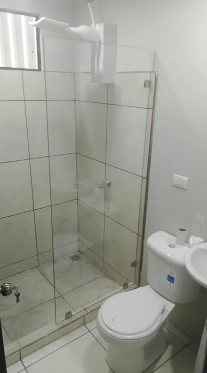 Mampara de vidrio abatible instalada en una ducha pequeña.