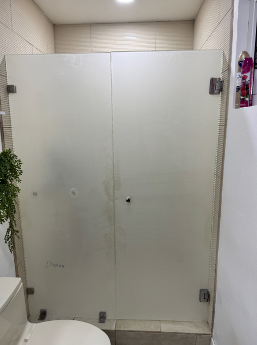 Cerramiento de baño con paneles de aspecto esmerilado y puerta abatible.