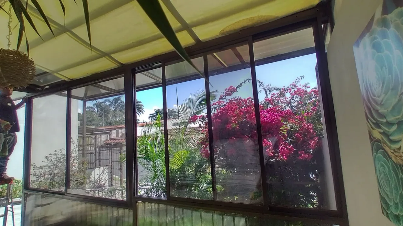 Cerramiento con perfiles oscuros y vista a un jardín.